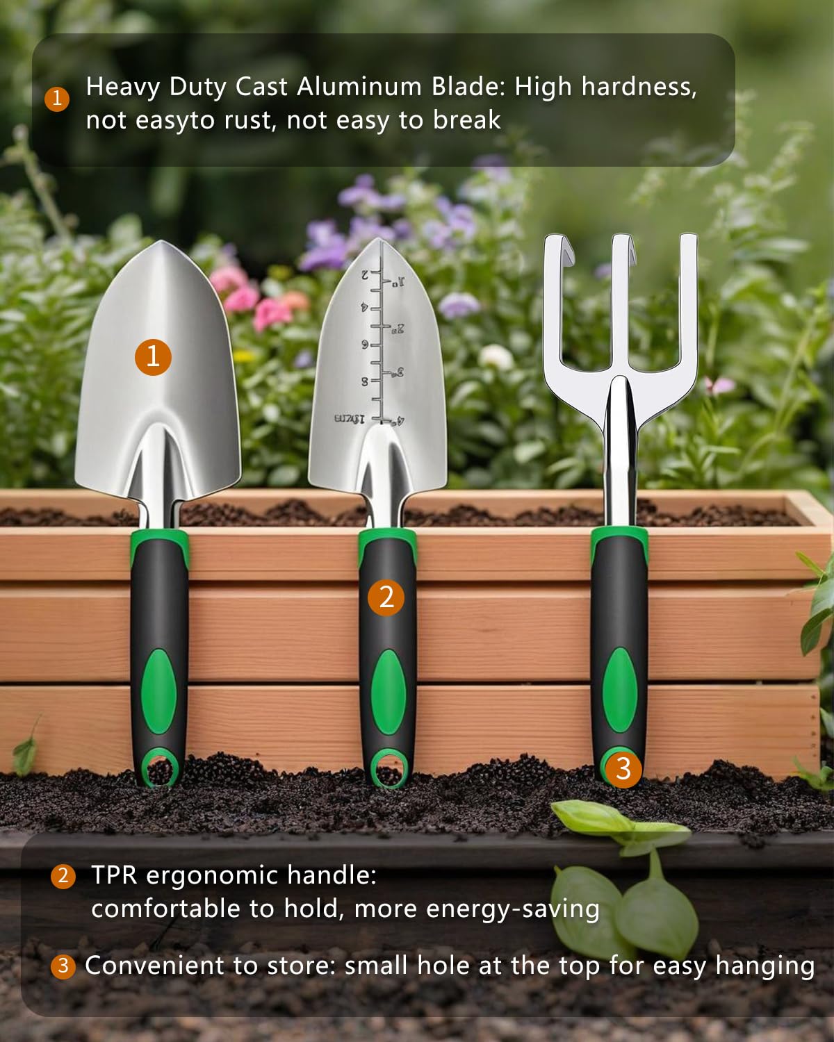 Juego de 3 herramientas de jardín, juego de herramientas de jardín de aluminio fundido resistente con paleta de mano, paleta de trasplante, rastrillo cultivador, mango ergonómico antideslizante de