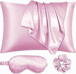 Satin Pillowcase for Hair and Skin, Vegan Silk Pillowcase Set-2 Pink Satin Pillowcases, 1 Eye Mask, 1 Scrunchie-Luxury Sleep Set, Silky Standard Satin Pillow Cases with Envelope Closure