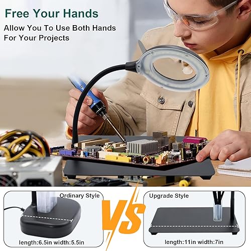 Vista 19 de Lupa 2 en 1 10X con luz y soporte, lámpara de escritorio con lupa LED con base grande, cuello de cisne ajustable, lupa iluminada LED para trabajo