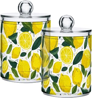 Gredecor 2 Pack Qtip Holder Clear Lemon Yellow Citrus Fruits (79) Apothecary Jars with Lids Acrylic Bathroom Jars Vanity Countertop Canister Storage Organizer for Cotton Ball,Swabs,Pads,Floss