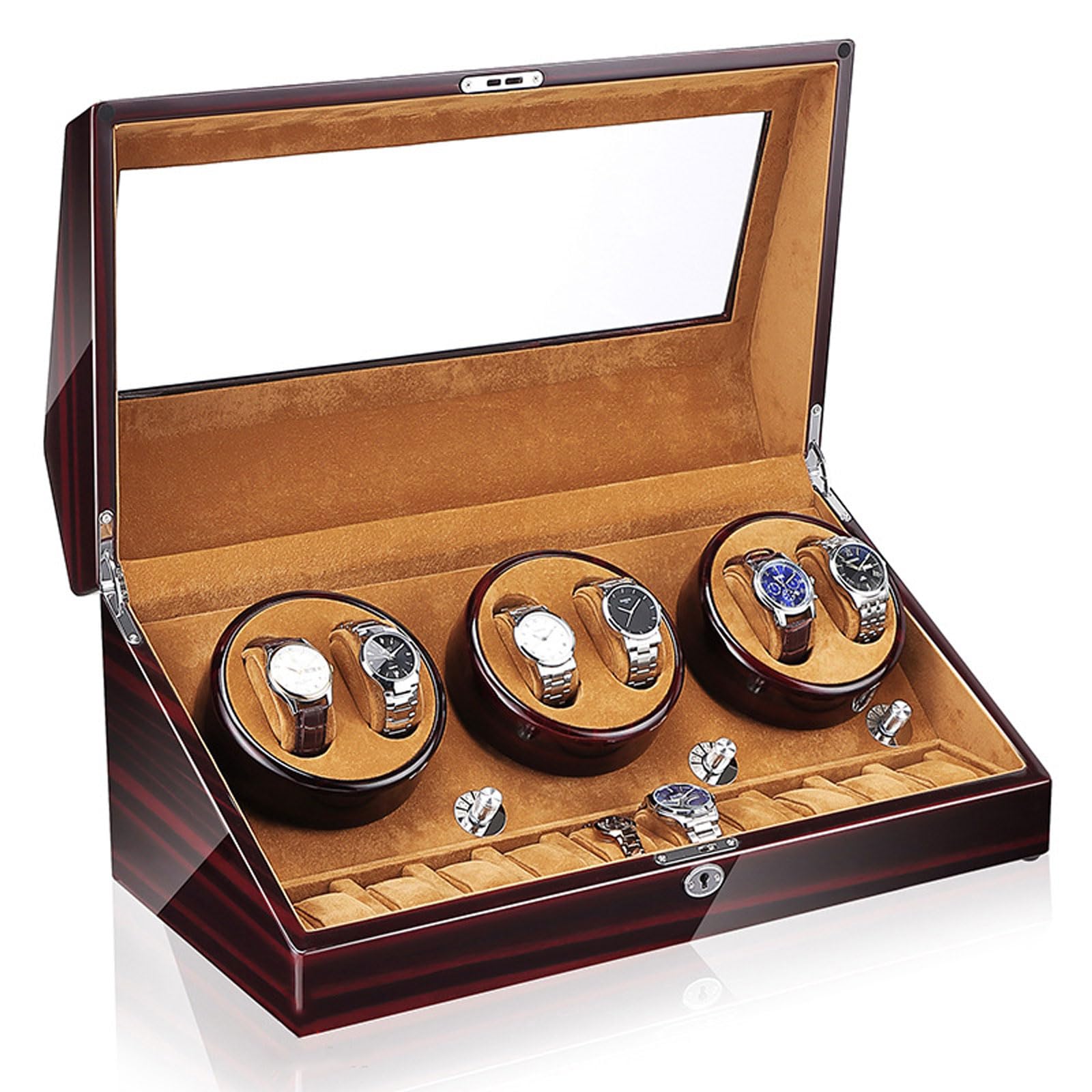 CGCSYZ Automatic Watch Winder Box 6+10 Watch Storage Box Piano Paint Finish Built-in Illumination,5 Rotating Modes,with Super Quiet Motor For Man Women (Ebony Camel Flannel Led Light 6+10 epitopes)