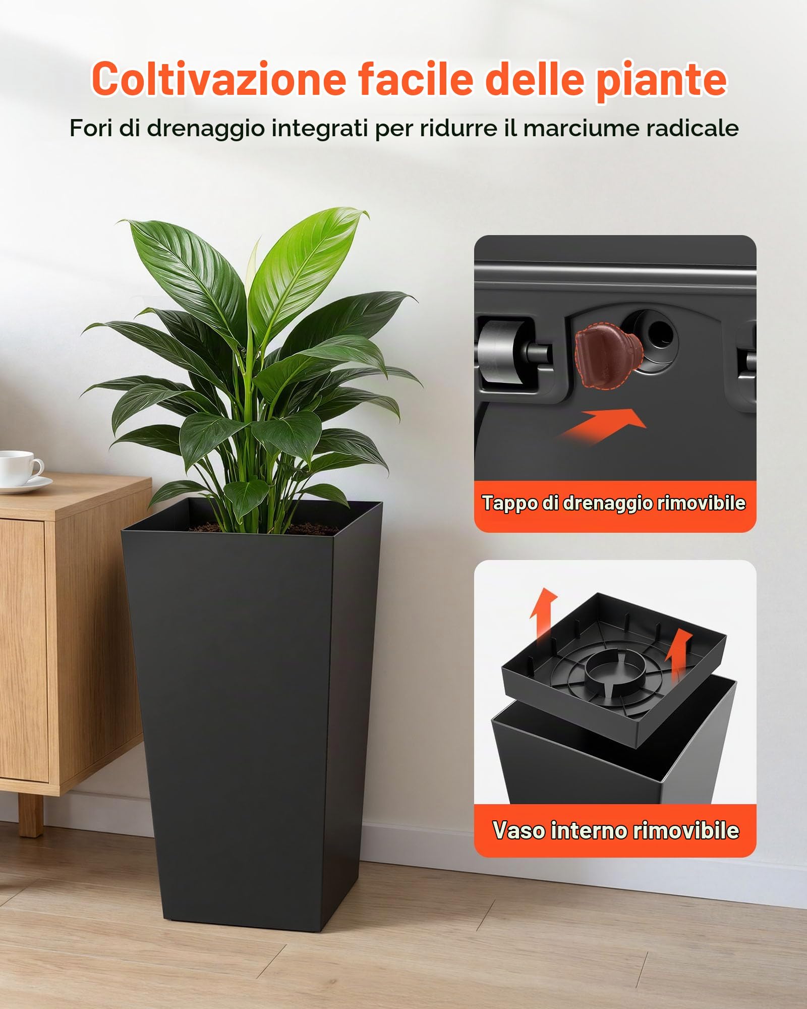 VEVOR Set di 2 Vasi da Fiori Alte 665 mm, Grandi Fioriere per Piante da Interno ed Esterno, Vasi Decorativi Moderni in Plastica per Portico con Rotelle, con Fori di Drenaggio per Patio e Giardino Nere