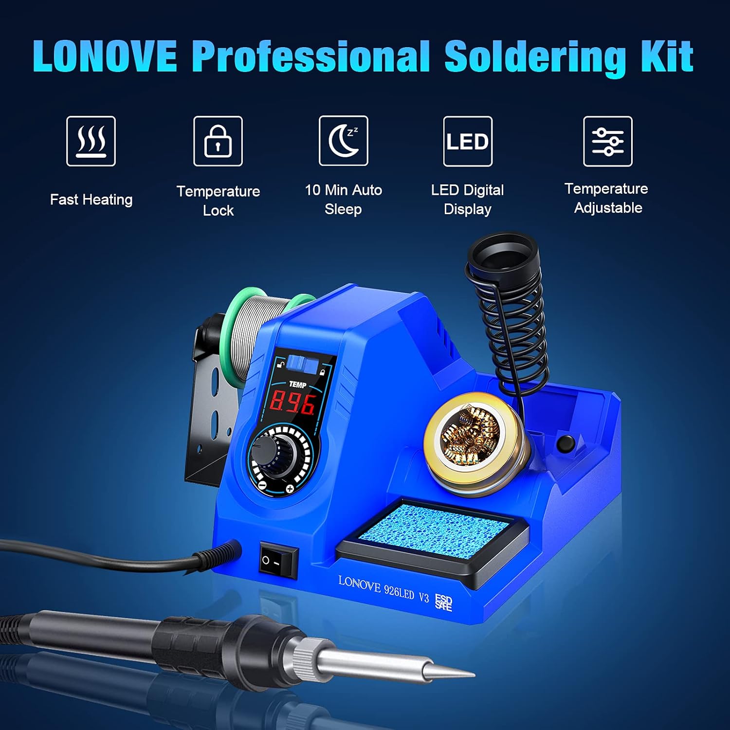 Soldering Iron Station Kit, LONOVO Soldering Station w/ 392℉~896℉ Adjustable Temperature (C/F),10-Min Sleep Mode, LED Display Digital Soldering Iron Kit, Fast Heating Up (Blue) - - 