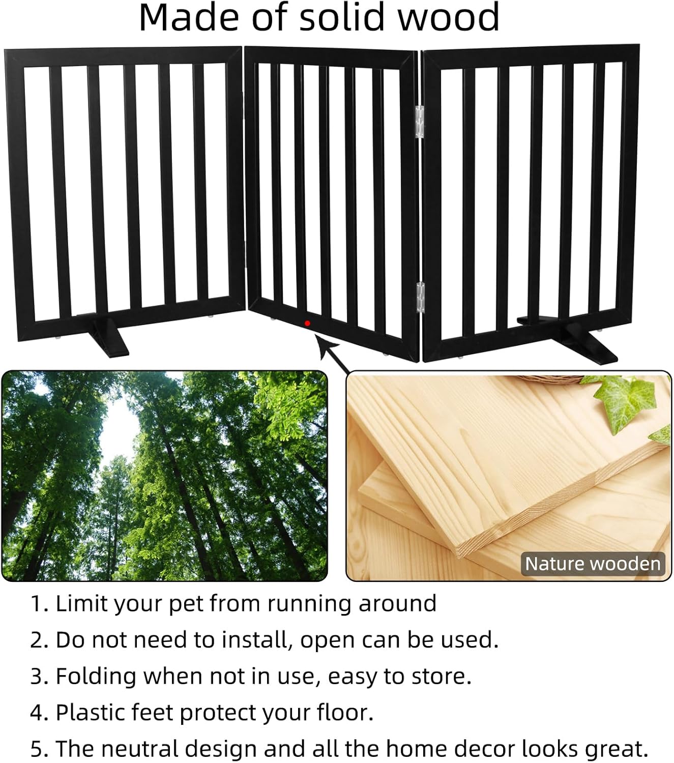Dog Gate Indoor, Freestanding Dog Fence for The House, Doorways, Hallways,or Stairs,Pet Gate Foldable Wooden,Expandable 24 Height 3 Panels,Black