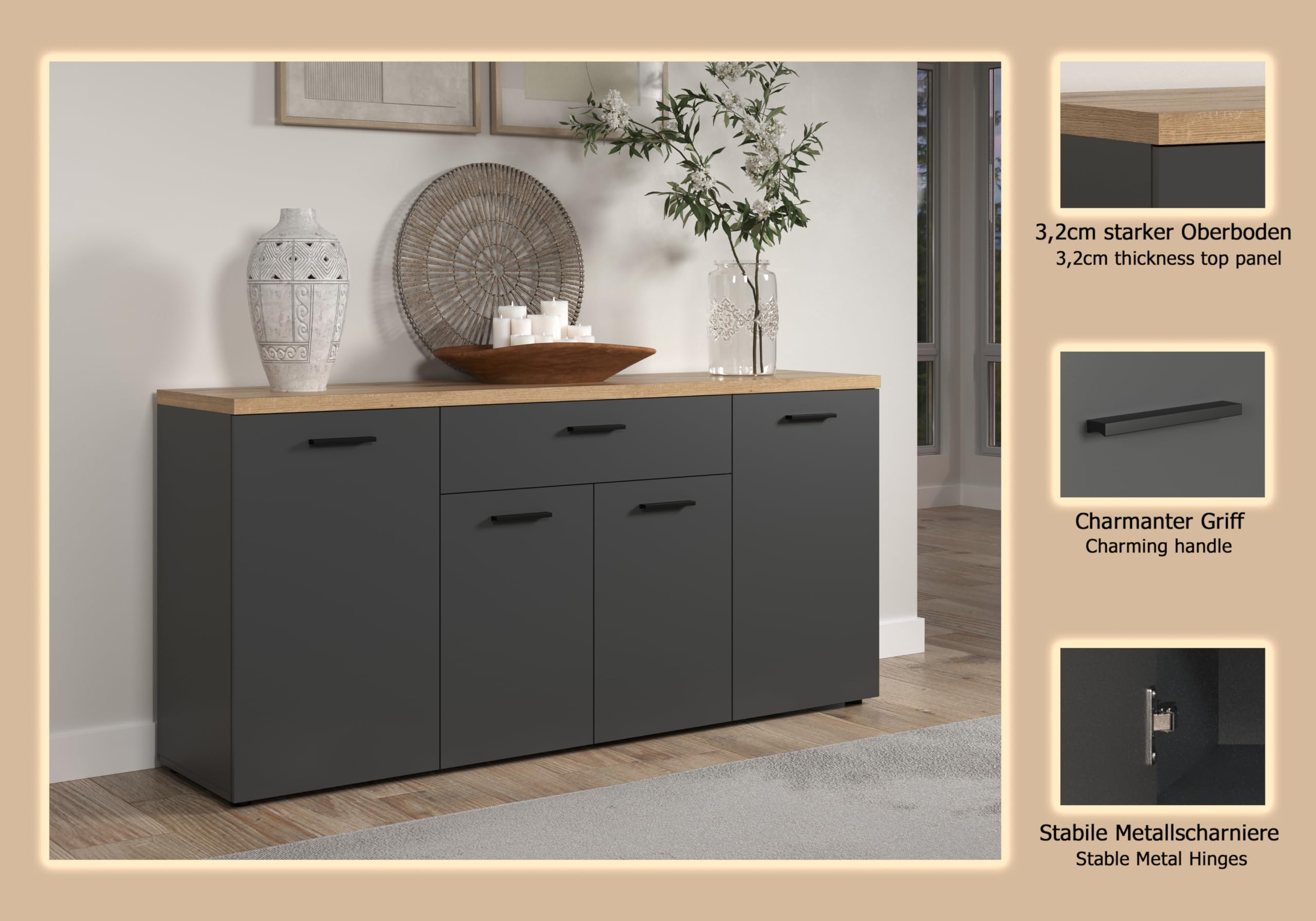 Sideboard Baggio Anthrazit · B 180 x H 85 cm