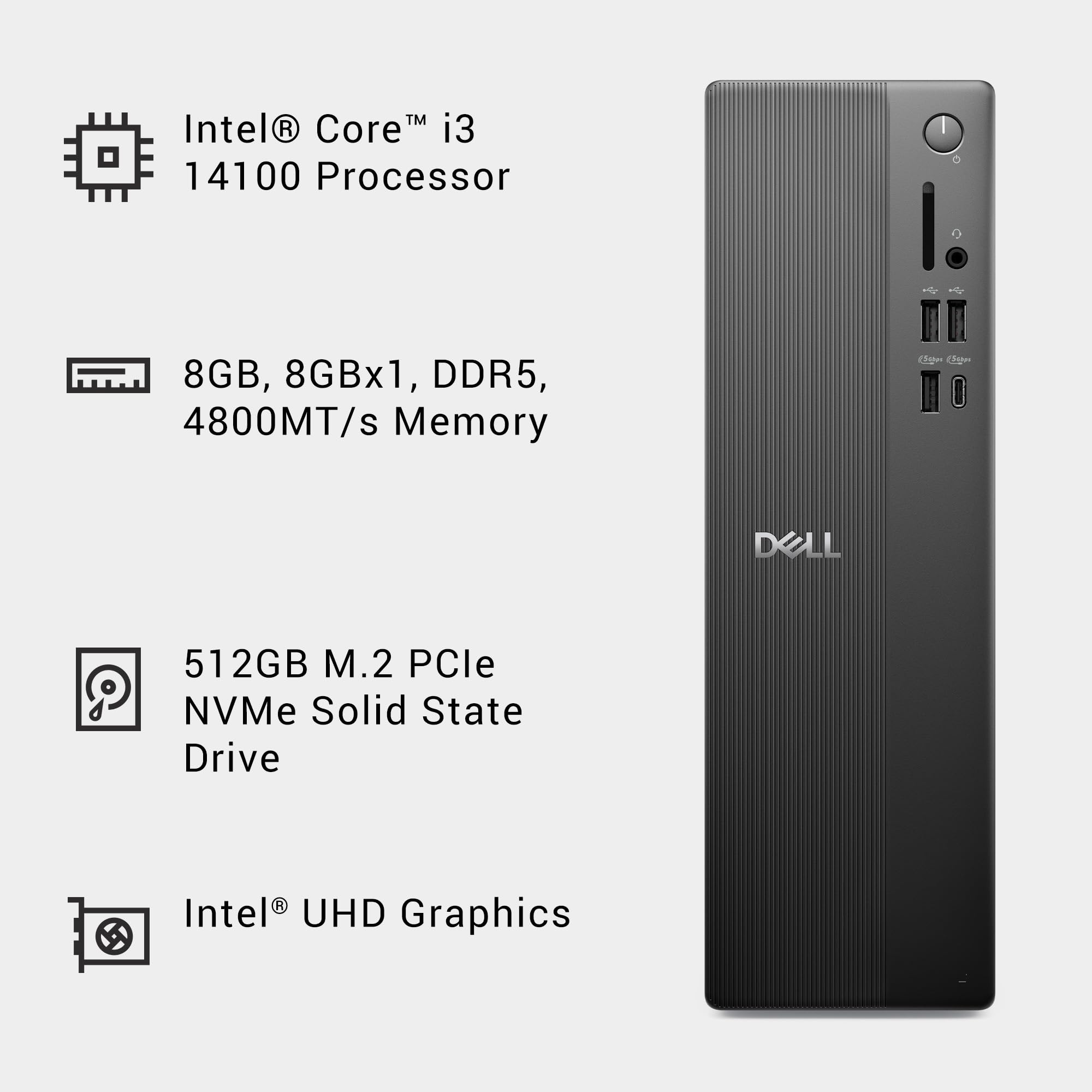 Dell Slim Desktop ECS1250 - Intel Core i3 14100 Processor, 8GB DDR5 RAM, 512GB SSD, WiFi 6, Intel UHD Graphics 730, Windows 11 Home, Onsite Service - Black