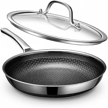 Non Stick Frying Pans, 12 inch Hybrid Commercial Baking Pans with Lid | Ceramic Stainless steel Pan,Cooking Egg Skillet Pan, Induction & Oven-Safe, PFOA/PFAS/PTFE Free