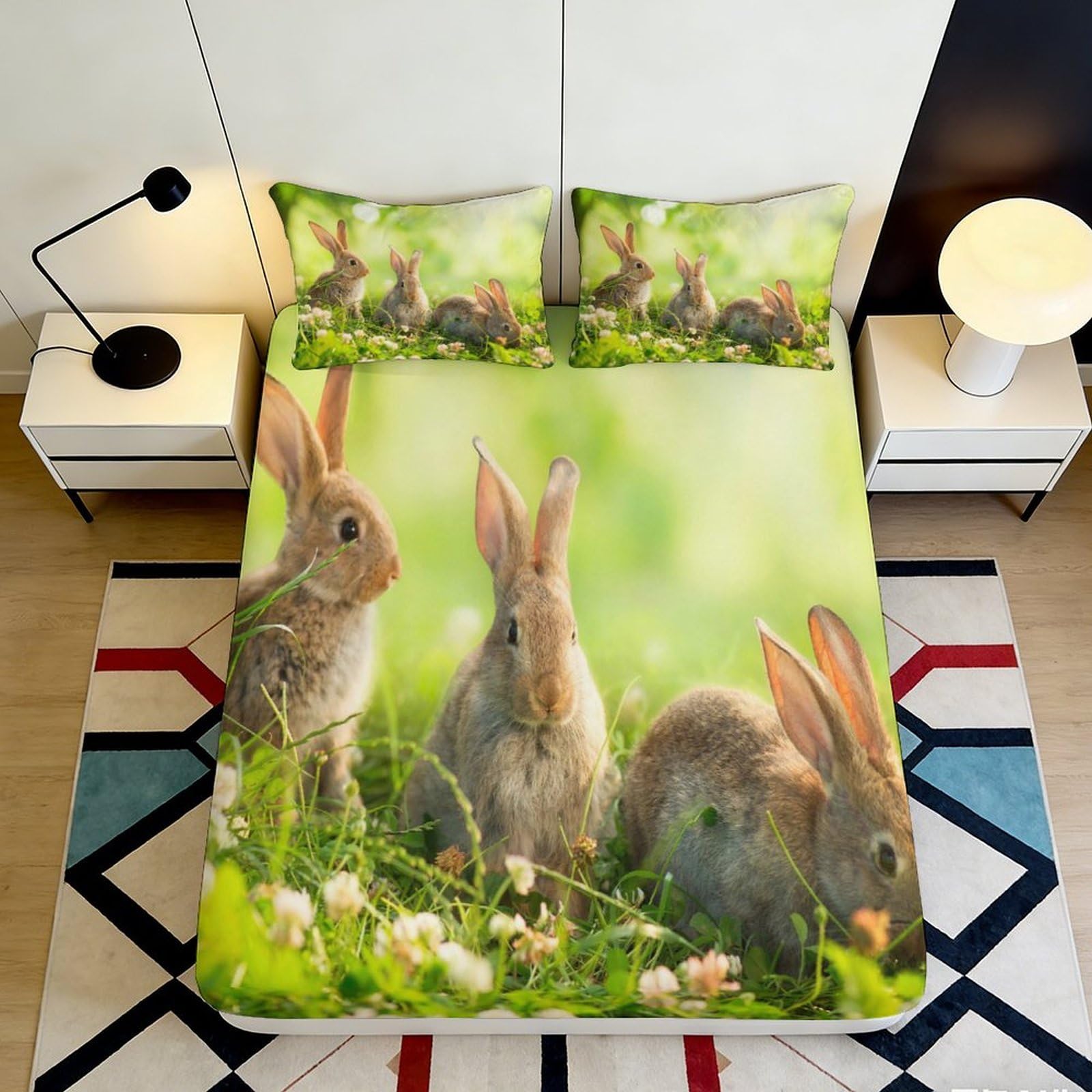 3D Printed Rabbit Pattern Fitted Sheet Microfiber Soft Breathable Bunny Mattress Cover for Bedroom Dormitory Guest Room Mattress Protection Decor 180x200x25cm