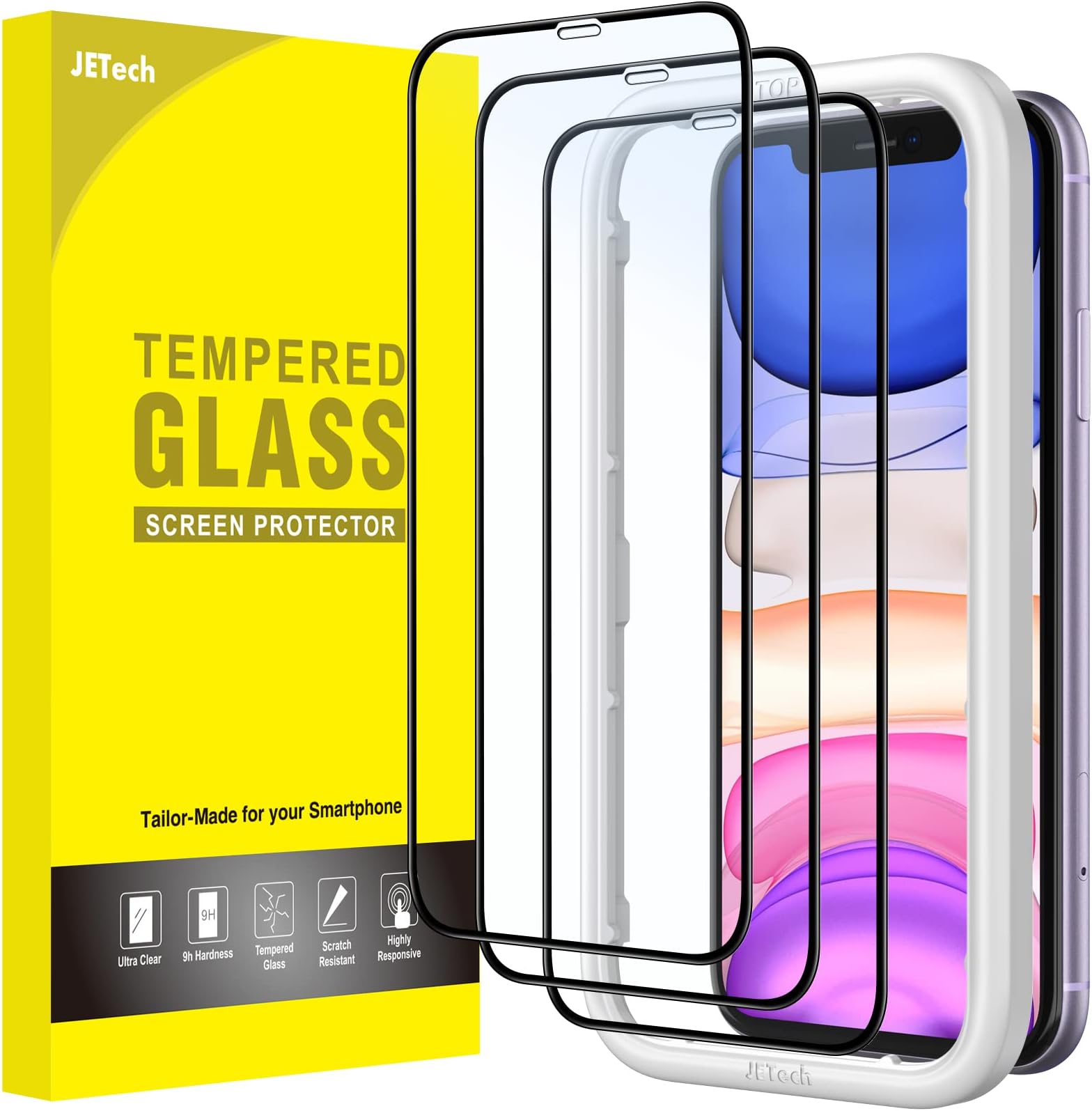 – Full Coverage Screen Protector for iPhone 11/XR 6.1-Inch, Black Edge, Tempered Glass Film with Easy Installation Tool, Case-Friendly, HD Clear, 3-Pack