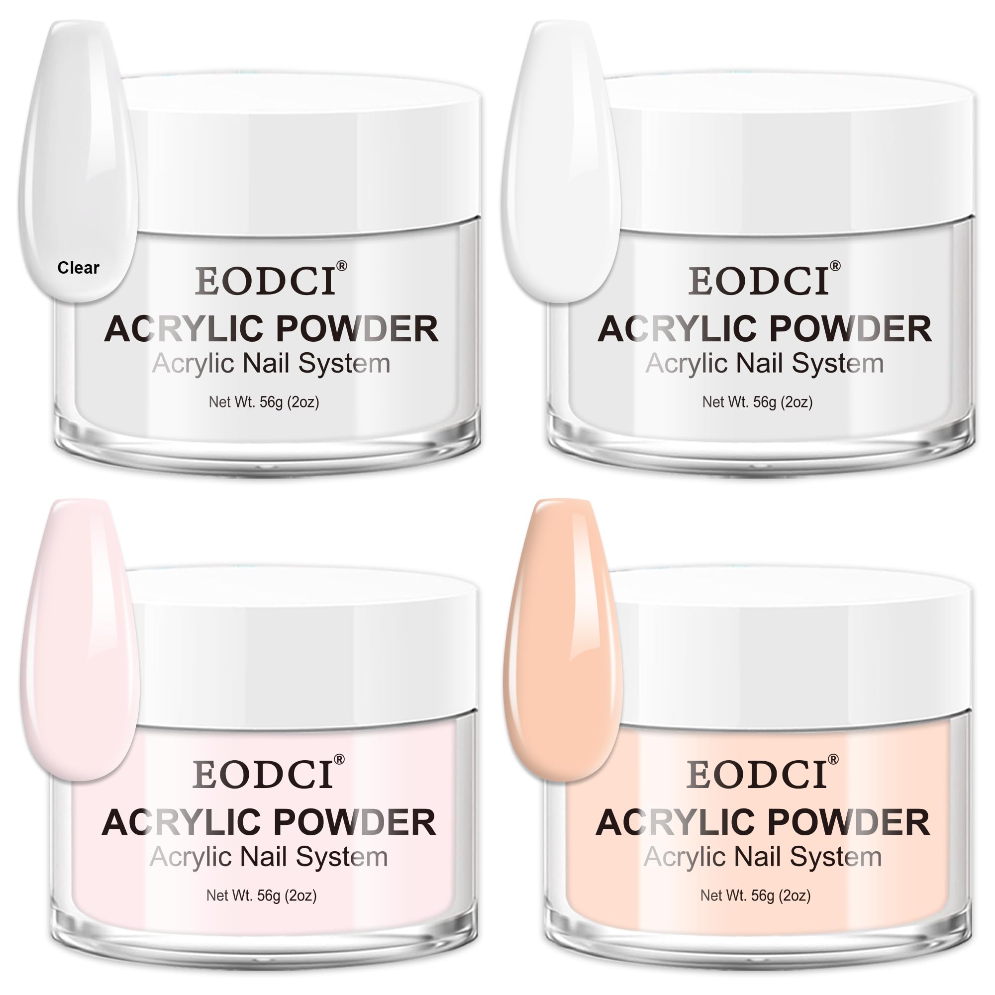 EODCI Set di unghie in acrilico, 2OZ, set di polveri acriliche professionali, 4 colori, trasparente, rosa nude, bianco, in polvere acrilica per unghie, set di unghie in acrilico, per l'estensione