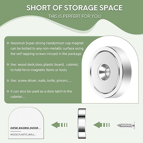 Miniatura 6 de Neosmuk Imanes, imán redondo de 130 libras con agujero en el centro para montaje en pared, imán de copa de neodimio con tornillo para pared, imanes