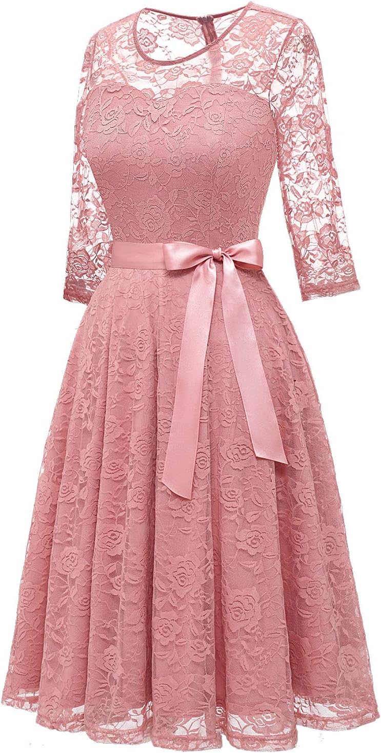 Dressystar Women’s Floral Lace Formal Wedding Guest Dress Elegant Midi Long Sleeves Bridesmaid Dresses with Illusion Neckline Blush Size XXL - Image 3