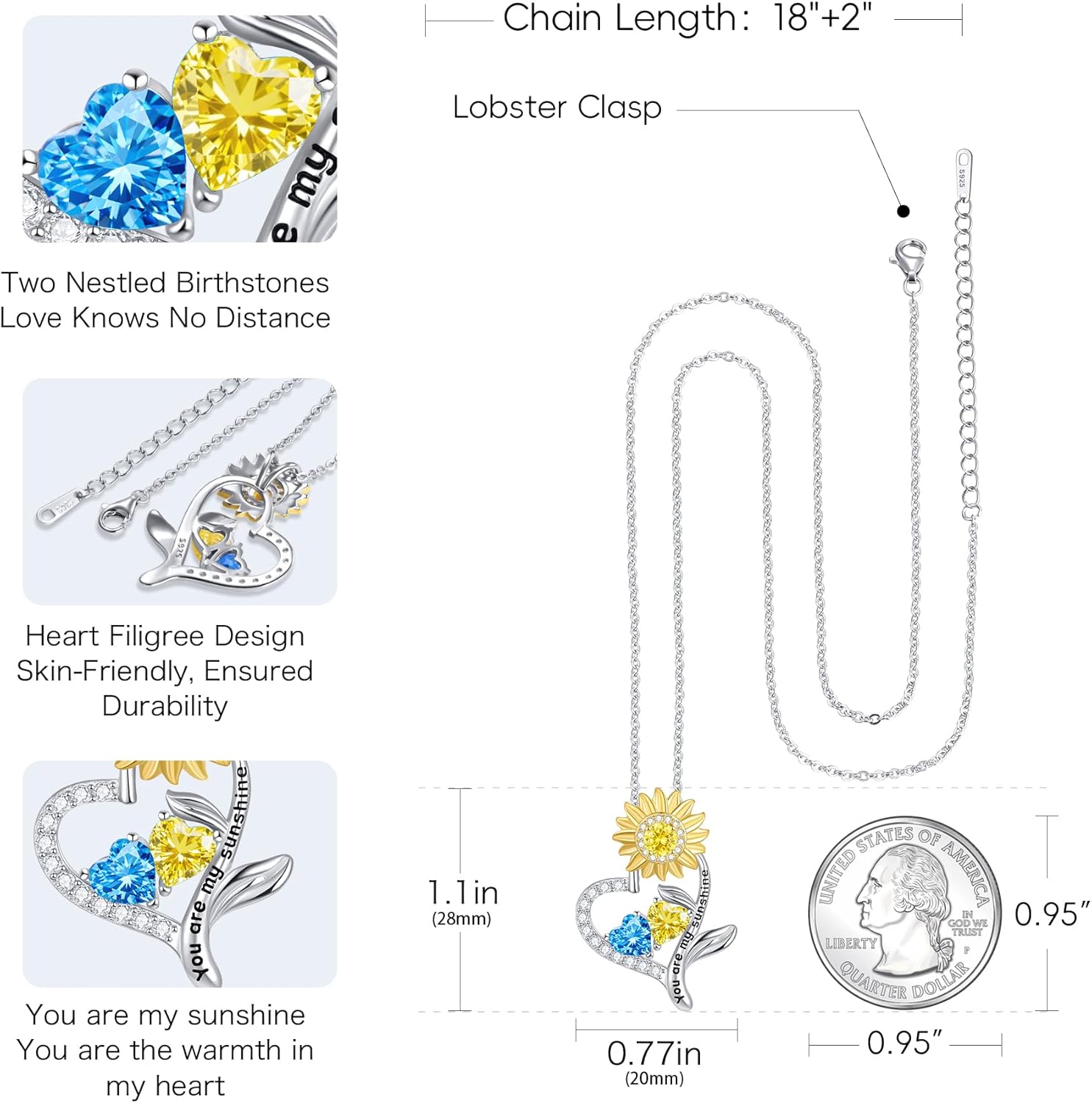 Mother's Day Gifts for Women - 925 Sterling Silver Double Birthstone Sunflower Necklace, Anniversary Birthday Jewelry You are My Sunshine Gifts for Wife Couple Mom 18"+2" Non Tarnish