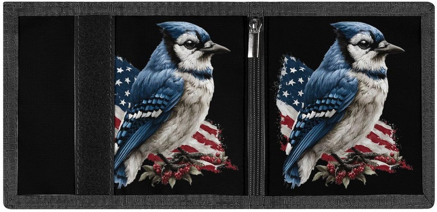 Blue Jay Bird with U.S. Flag Funny Trifold Wallets with Key Ring Lightweight Front Pocket Tri-Fold Wallet
