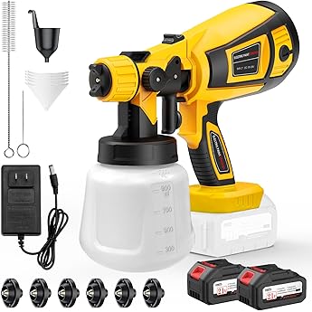 Paint Sprayer Cordless, 650W Paint Sprayer with 2 * 4.0mAh Battery, 1000ml Container 6 Nozzles & 3 Modes, Spray Paint Gun, Copper Motor Paint Sprayer for House Painting Fence Cabinets Wall (Yellow)