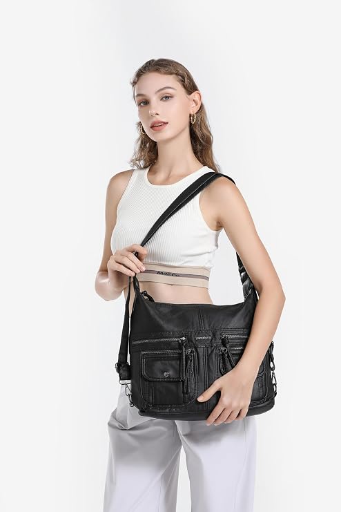 BARCELONA 21K Wash Leather Both Back and Shoulder Women's Bag 1925-6 Black
