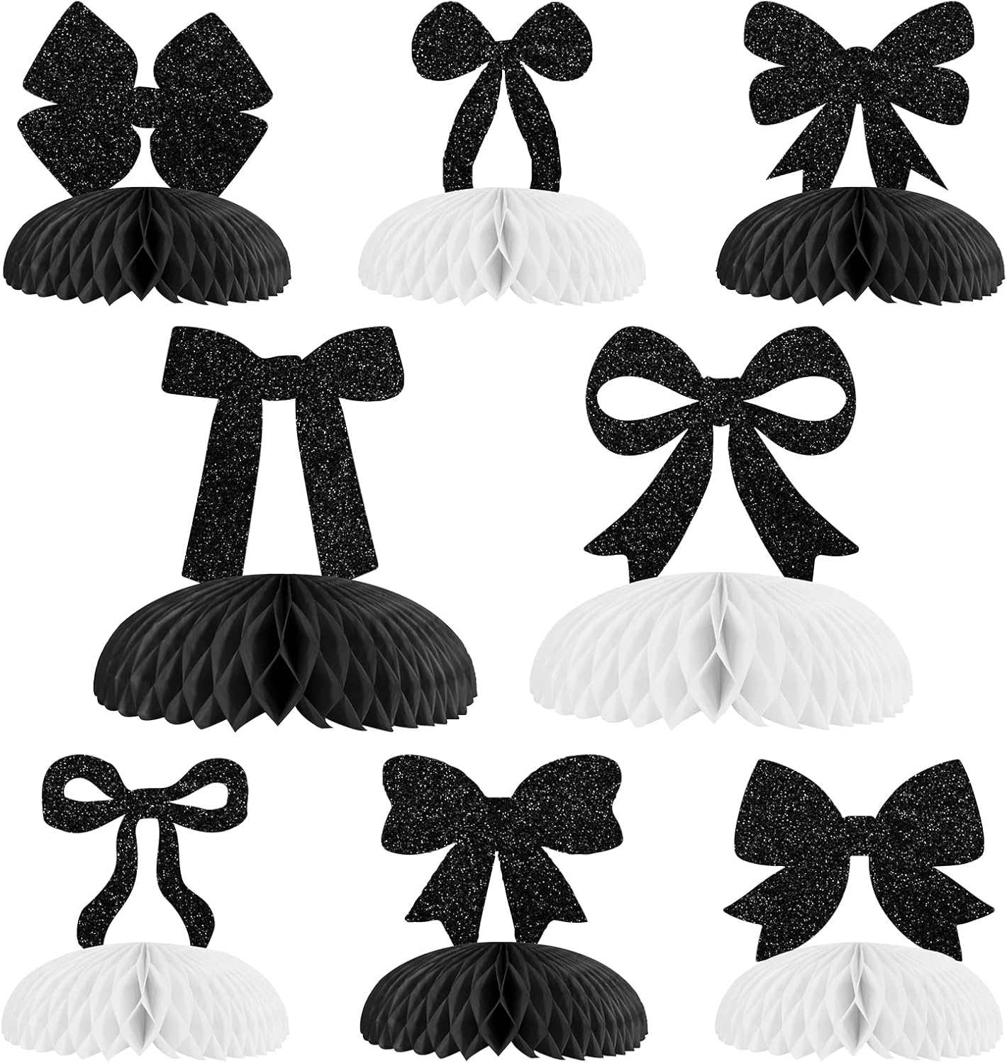 8 Pcs Black Bow Glitter Honeycomb Centerpieces Decorations, Black White Table Toppers Decor, Bow 3D Table Signs for Baby Shower Bachelorette Birthday Party Supplies