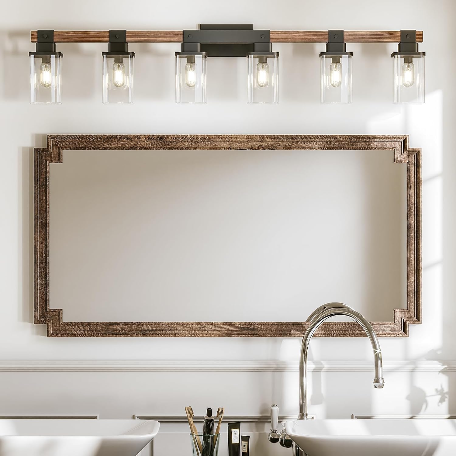 6 Light Bathroom Vanity Light 41 in with Glass Shade, Farmhouse Vanity Light for Bathroom Light fixtures Over Mirror, Square Rustic Brown