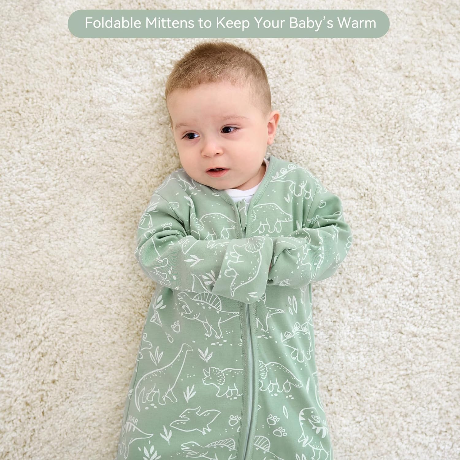 Baby Sleep Sack 12-18 Months, Long Sleeve Baby Wearable Blanket 0.5 Tog with Mittens, 2-Way Zipper Toddler Cotton Sleeping Sack for Boy and Girl Green Dinosaur 2 Pack(Large) - Image 7