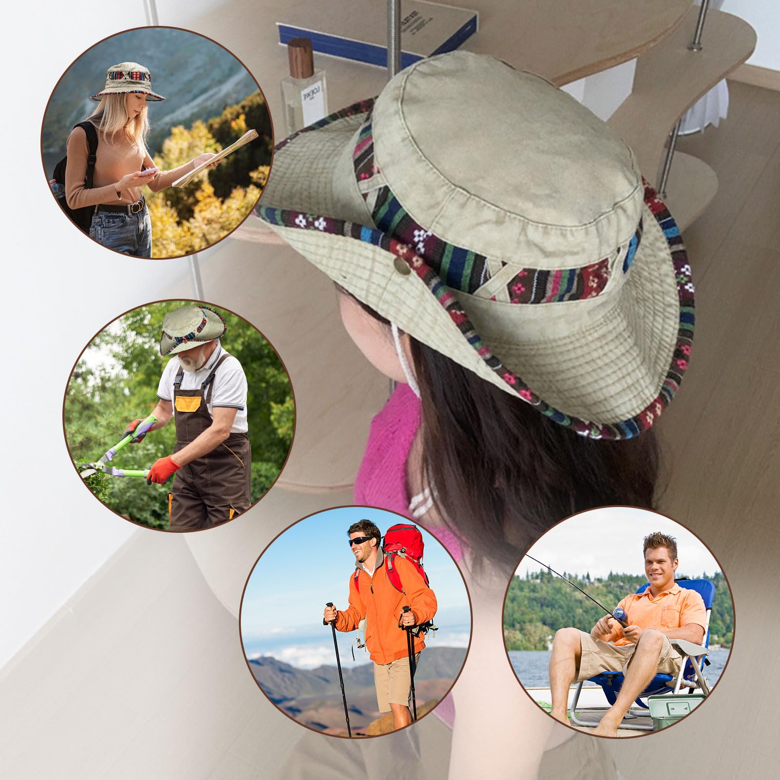 Feng Shui， Chapeau de Soleil d'été, Chapeau de Safari, Pliable, Protection UV, imprimé, Chapeau de pêche, de randonnée, de Marche, avec mentonnière réglable pour Homme et Femme (Kaki)