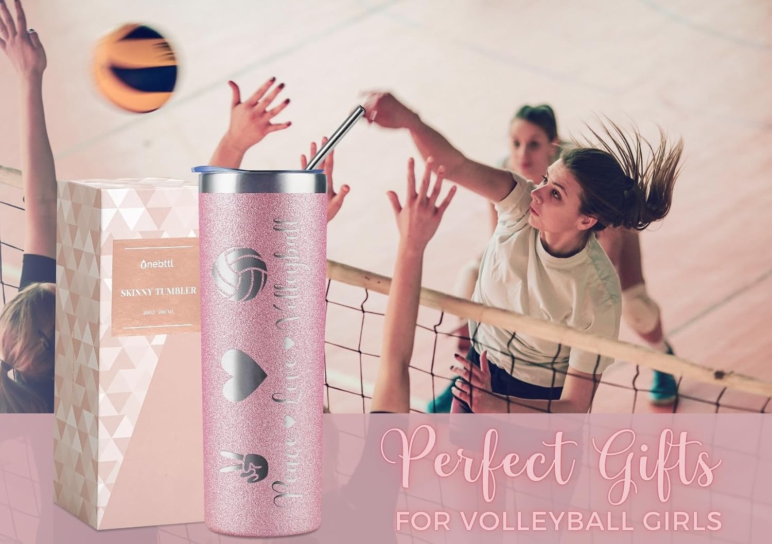 Onebttl Volleyball Gifts for Teen Girls & Team, Stainless Steel Kids Volleyball Tumbler, Double Wall Vacuum Insulated Bottle with Lid and Straw 20oz - Peace Love Volleyball (Glitter Rose Gold)