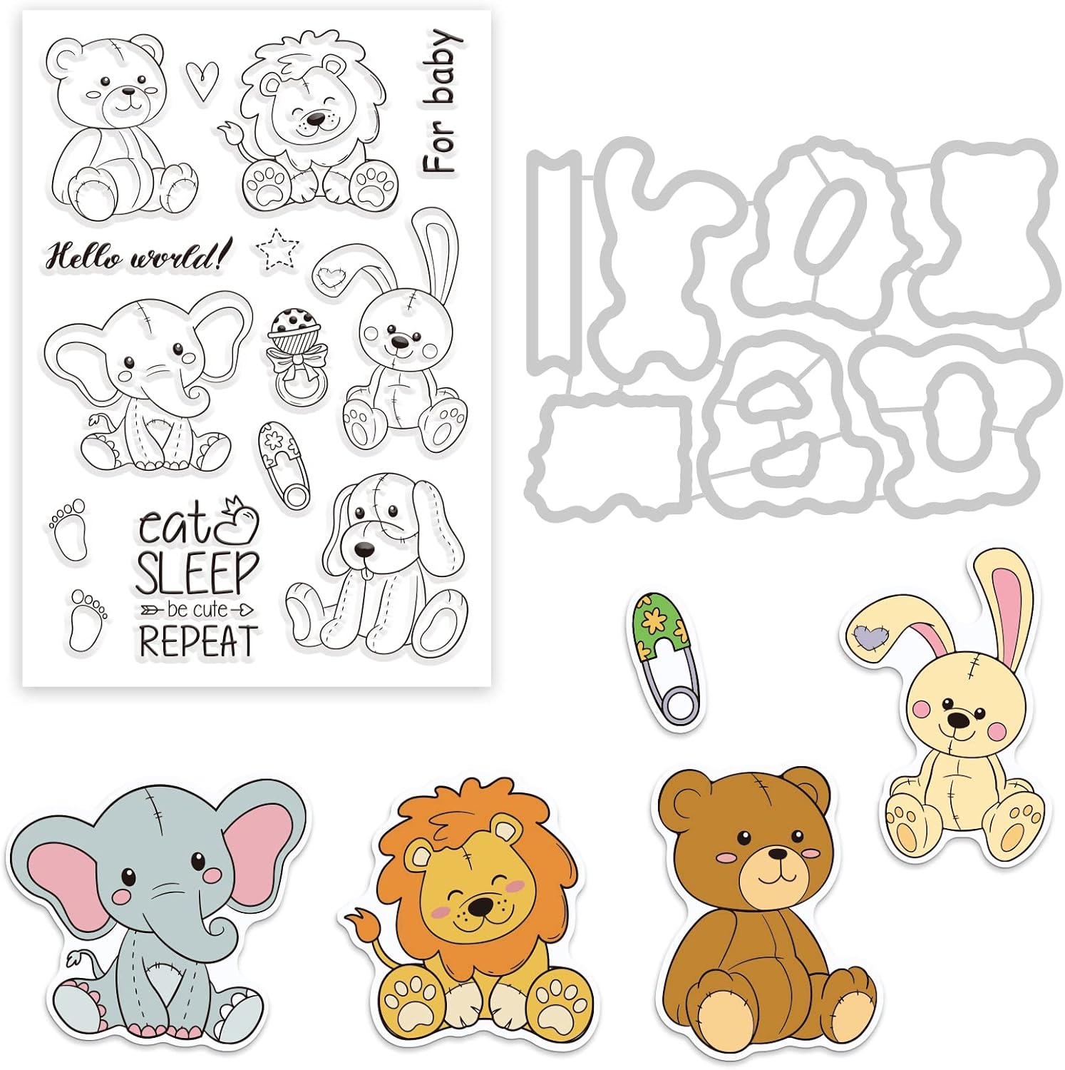 GLOBLELAND Animal Doll Cut Dies and Clear Stamp Set Bunny Dog Elephant Bear Embossing Template and Silicone Stamp for Card Scrapbook Card DIY Craft