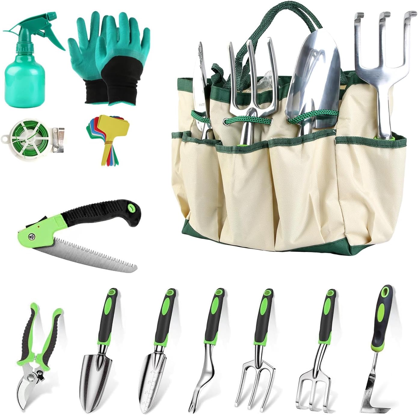 TeqHome Garden Tool Set, 13PCS Aluminum Alloy Heavy Duty Garden Tool Kit with Non-Slip Ergonomic Handle, Storage Bag & Gloves, Gardening Gifts for Women and Men
