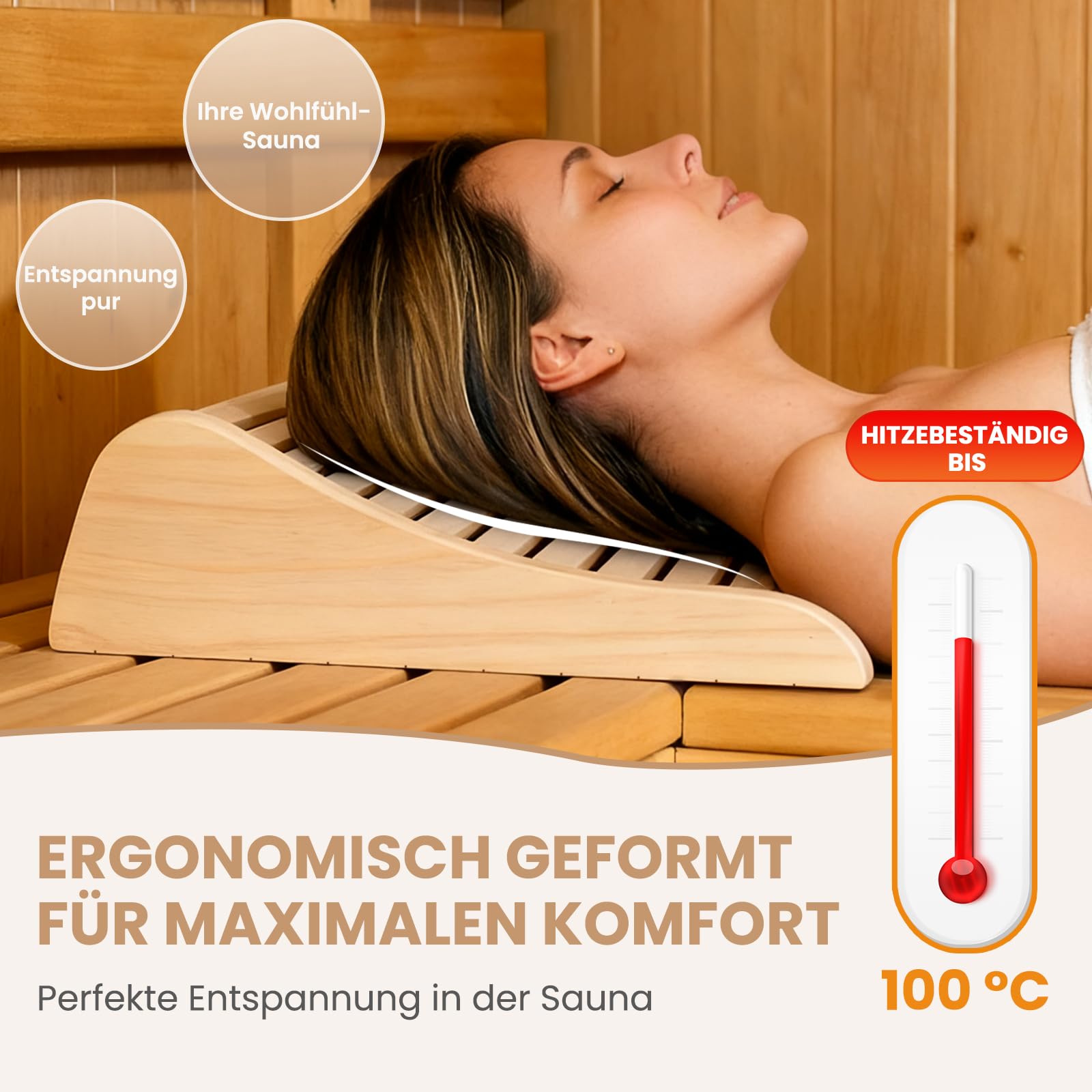 2 Stück Sauna Kopfstütze Holz [100% Naturholz] - Sauna Zubehör - Ergonomische Nackenstütze mit Luftzirkulation & Rutschfester Basis - Für alle Saunatypen inkl. Infrarotkabine & Dampfbad