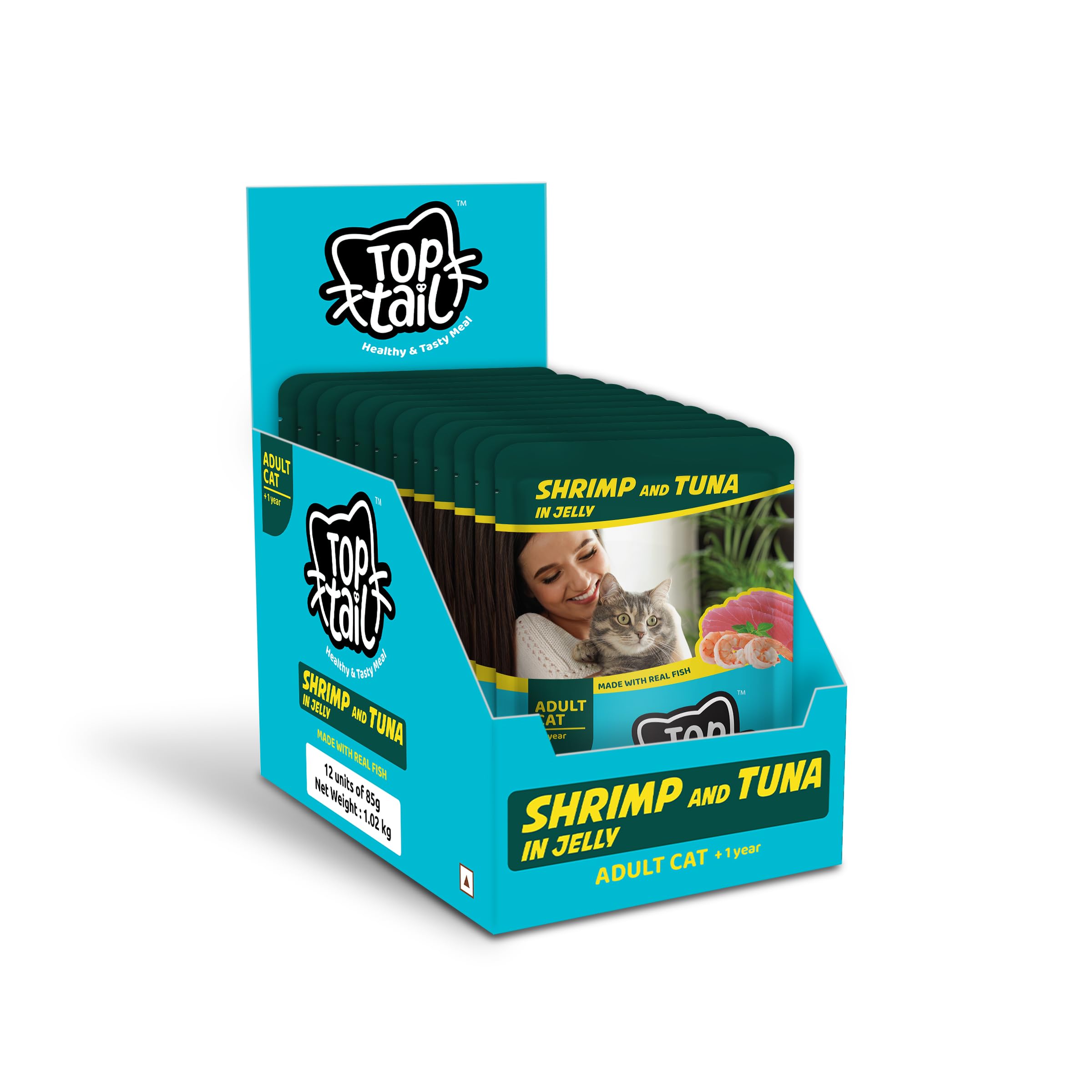 Top Tail Wet Cat Food Jelly Form | for 1+ Year Adult Cat Food High Protein & Omega 3, Healthy Skin & Coat | No Artificial Preservatives | (85g Each Pack) (Pack of 12, Shrimp & Tuna Fish)-image-22