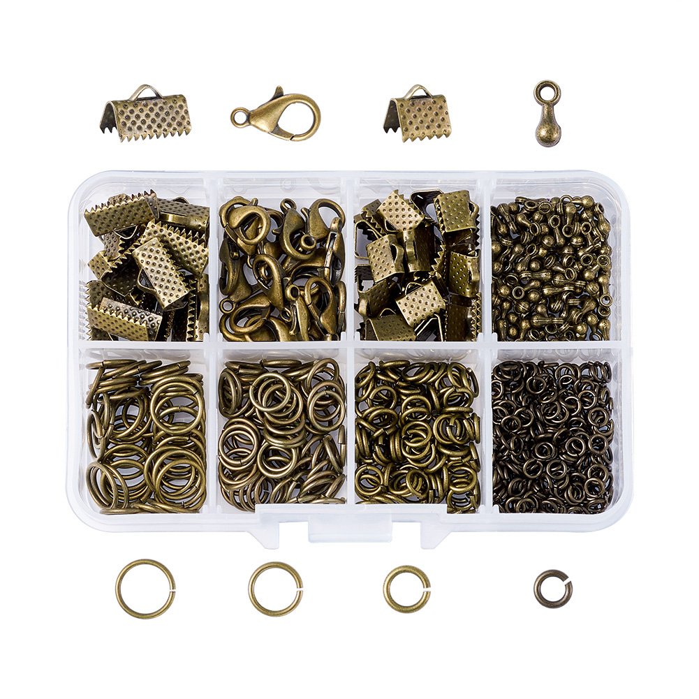 Pandahall 1 Box Nickel Free Jewelry Making Finding Kits with Lobster Clasps/Ribbon Ends/Jump Rings/Drop End Pieces (Antique Bronze)