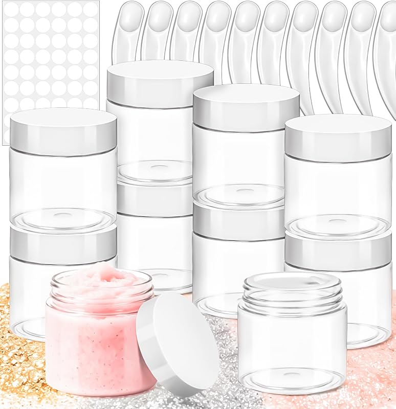 MotBach Frascos Plásticos Redondos Transparentes com Tampa Branca, 60 mL, Pacote com 10