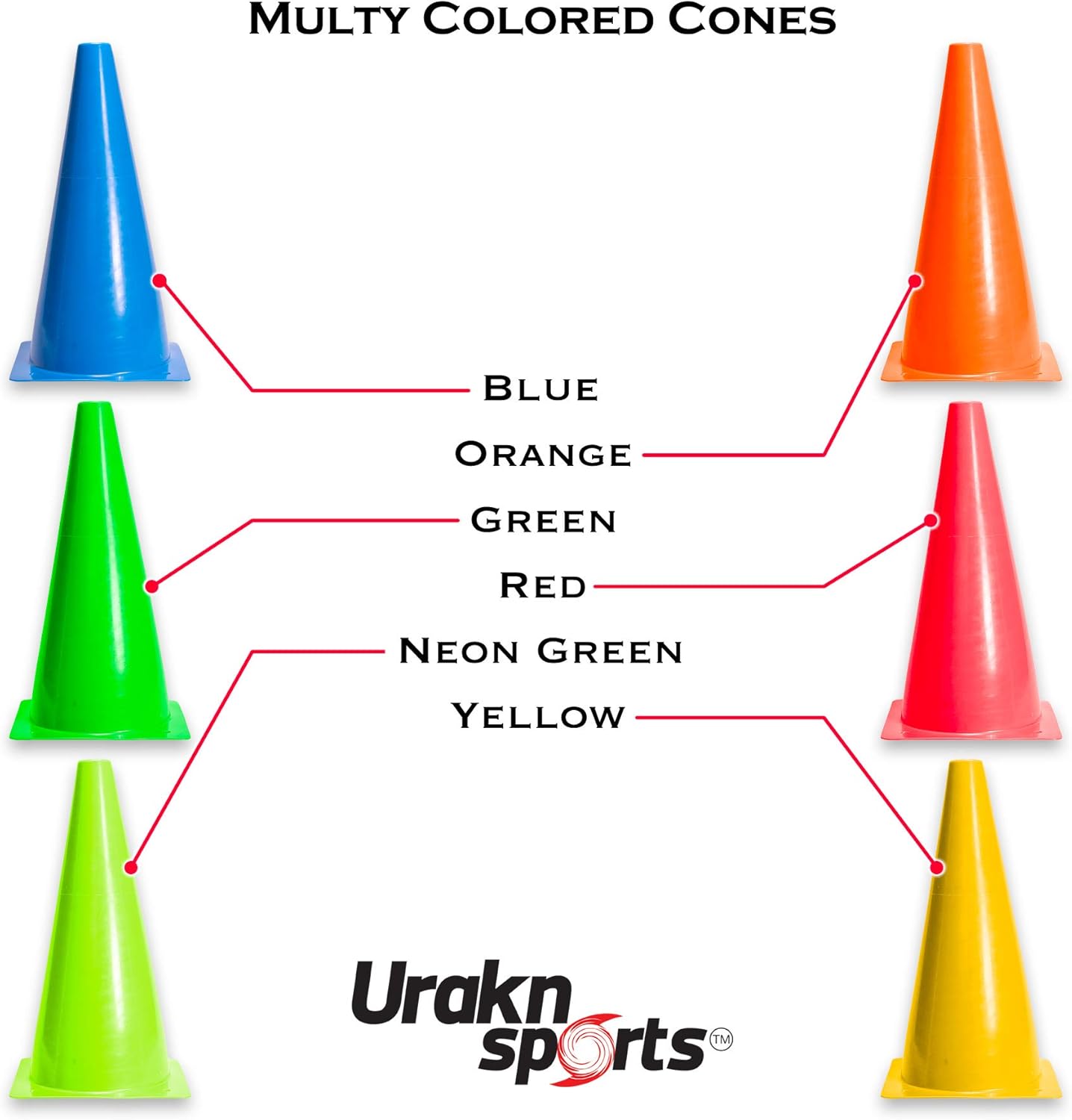 URAKN SPORTS 2" 9" 12" Inch Plastic Multicolored Cones 6 12 50 Pack Set - Perfect for Soccer, Football, Basketball Coaching, Agility Drill Training Field Marker. Traffic Cones (12 Inch 12 Units) : Sports & Outdoors