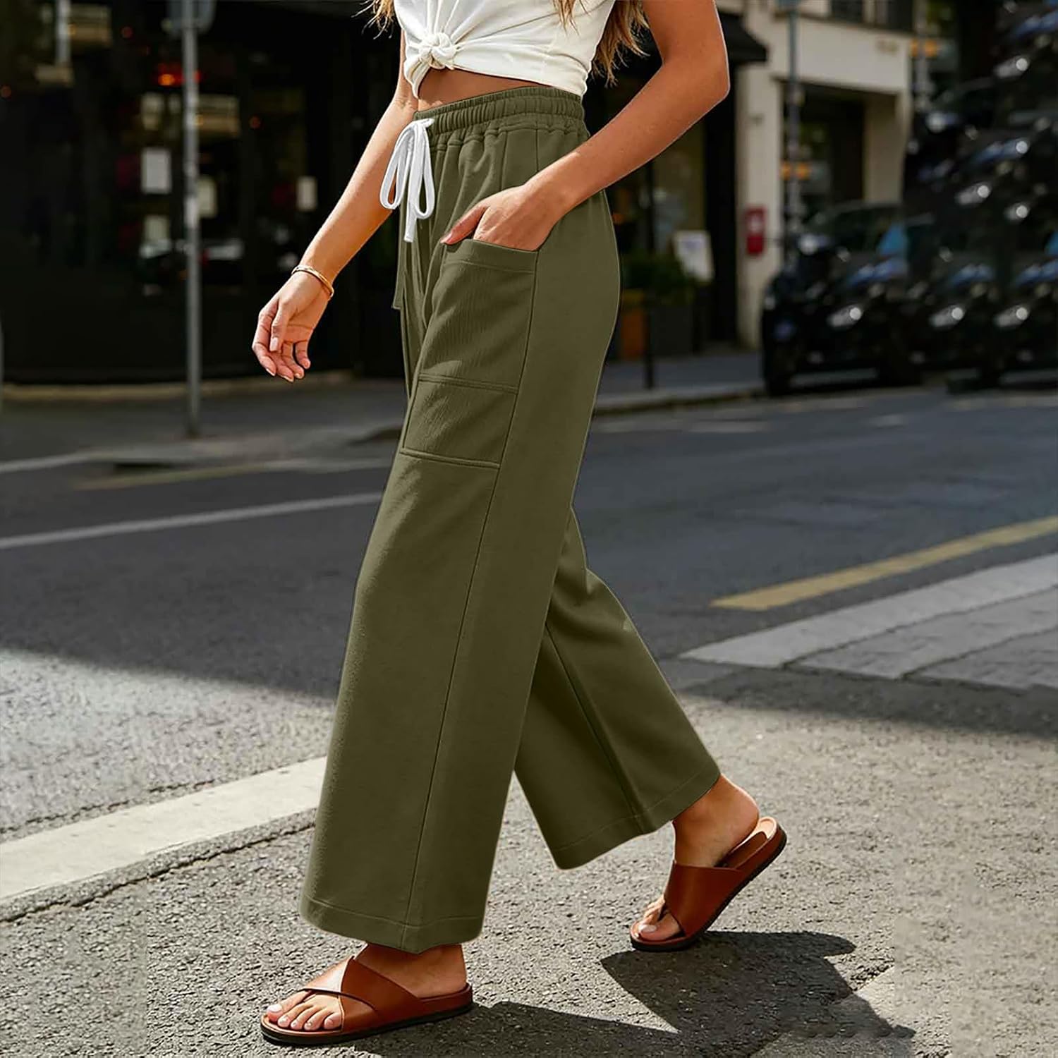 Wide Leg Pants for Women Flowy Palazzo Drawstring Elastic Waist Trousers with Pockets Summer Beach Vacation Clothes