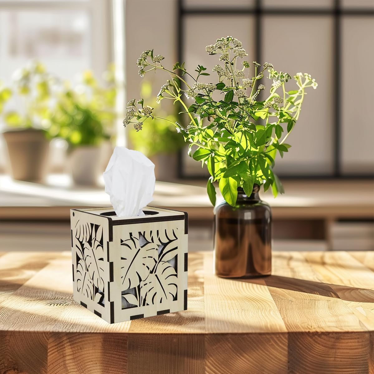 Wooden Tissue Box Cover Square,Laser Cut Decorative Cube Tissue Box Holder for Farmhouse Decor (Leaf -Pattern) image 2