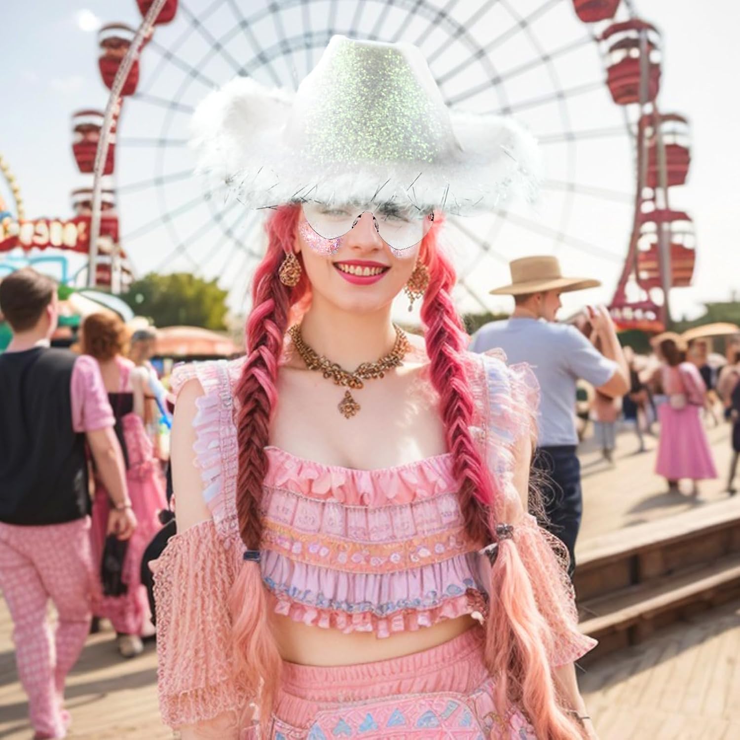 SHENYI Glitter Cowgirl Hat with Heart Sunglasses Body Glitter Face Glitter Cowboy Hat for Women Men Music Festival Party - Image 5