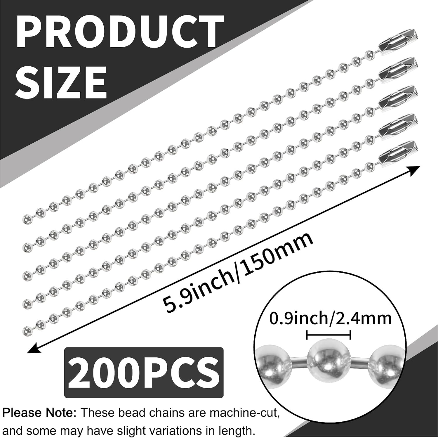 200 Pcs Ball Chain with Connector Clasp, 5.9 Inch 2.4mm Stainless Steel Metal Bead Chains Bulk, Silver Ball Chains for Dog Tags, Keychains, Jewelry Making, DIY Crafts, Necklace, Hanging Decoration