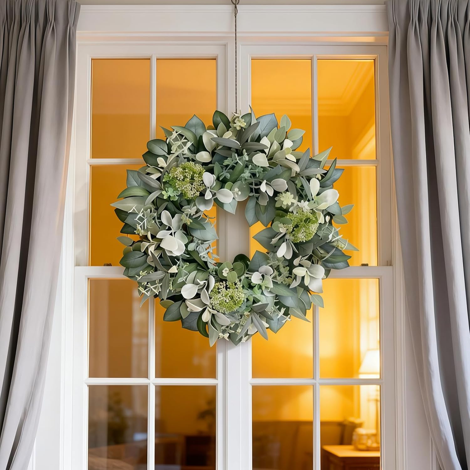 24 Inch Spring Summer Wreath for Front Door - Out Door Eucalyptus Greenery Wreath with Berries Handmade Realistic for Farmhouse Home，Home Decor, Wedding, Party (White/Pastel Green Mix)