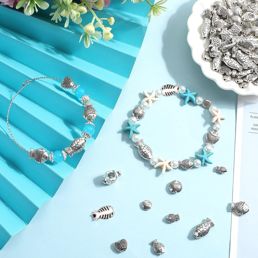 SUNNYCLUE 1 Box 100Pcs 10 Styles Silver Fish Beads Fishes Beads Metal Alloy Tibetan Antique Ocean Summer Animal Spacer Beads for Jewelry Making Supplies DIY Crafting Necklace Bracelet Anklets Adults - Image 4
