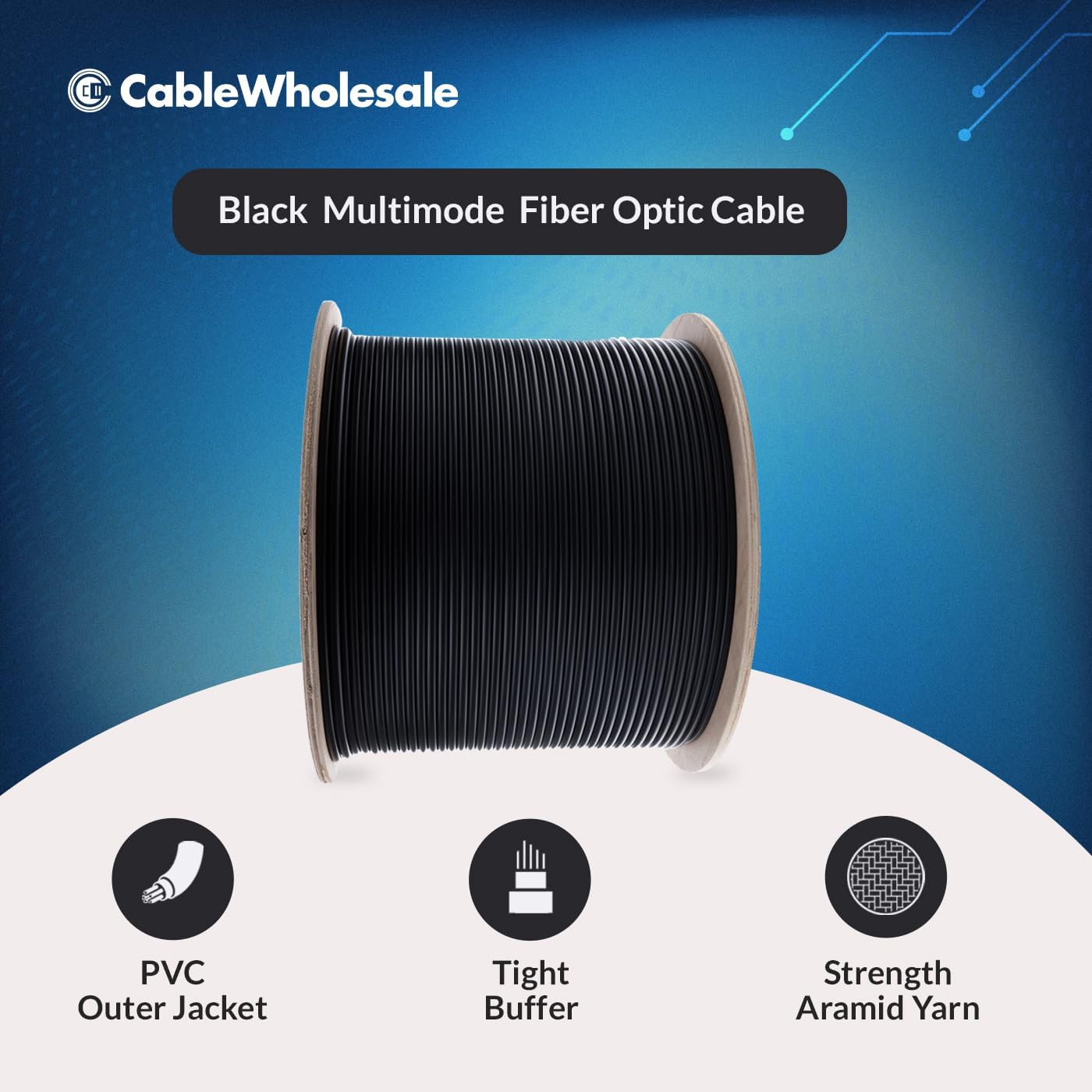 CableWholesale 12-Strand Fiber Indoor/Outdoor Fiber Optic Cable, Multimode, 50/125 Micron, OM3, 10 Gbit, Black, Riser Rated, Spool, 1000 feet