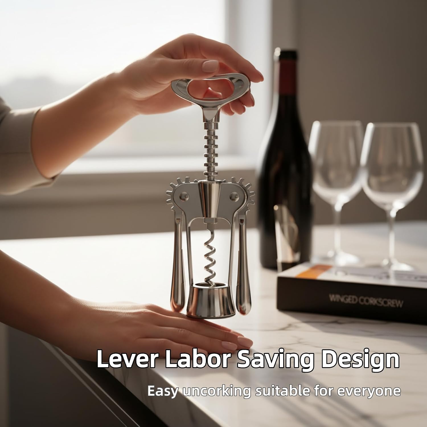 Premium Zinc Alloy Wing Corkscrew Set, Multifunctional Bar Tool with High-Carbon Steel Auger, Labor-Saving Lever Opener with Wine Pourer & Fresh-Keeping Bottle Stopper (Shiny Silver - 2set)