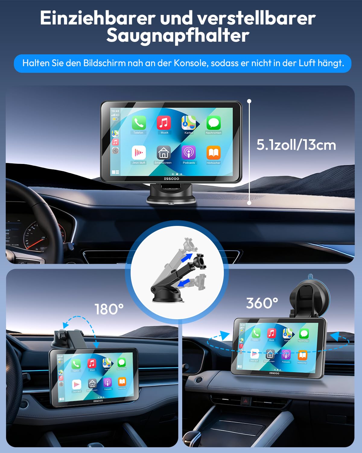 ESSGOO Carplay Android Auto Display mit Rückfahrkamera,7 Zoll Carplay Bildschirm für Apple/Android Auto/AirPlay/Mirror Link,Wireless Touchscreen GPS Navigation,mit Bluetooth5.3,AUX,FM,Sprachassistent
