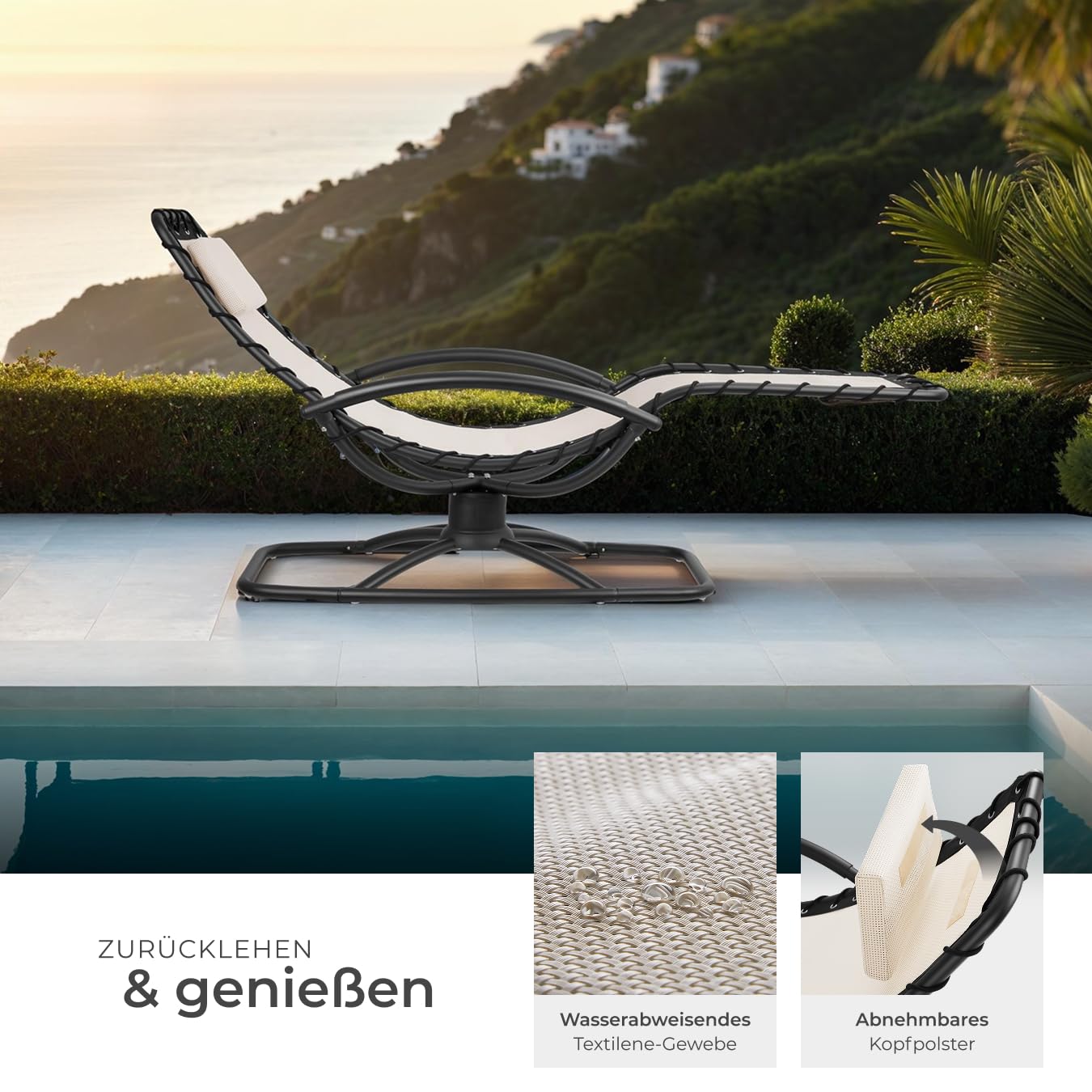 tectake® ergonomische Gartenliege, Sonnenliege, Lounge Möbel Outdoor, Liegestuhl, Relaxsessel mit Liegefunktion, Schaukelsessel für Terrasse, Balkon, Schaukelstuhl Outdoor Gartenmöbel - 1 Stück, beige