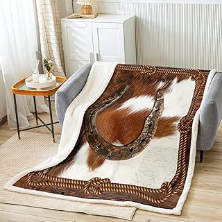 Rustic Horseshoe Throw Blanket Brown Animals Cowhide Bed Blankets Western Cowboy Style Fleece Blanket for Kids Boys Men Bedroom Decor Retro Wooden Fuzzy Blanket,for Chair/Sofa,50