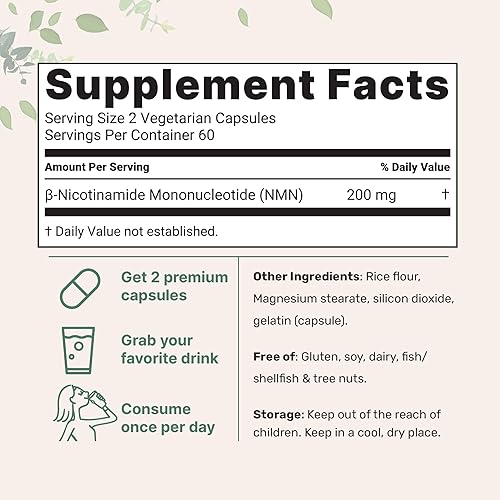 Miniatura 2 de Micro Ingredients NMN 200 mg por porción  120 cápsulas vegetales  60 porciones  Forma mononucleótida de nicotinamida de fácil absorción  Precursor