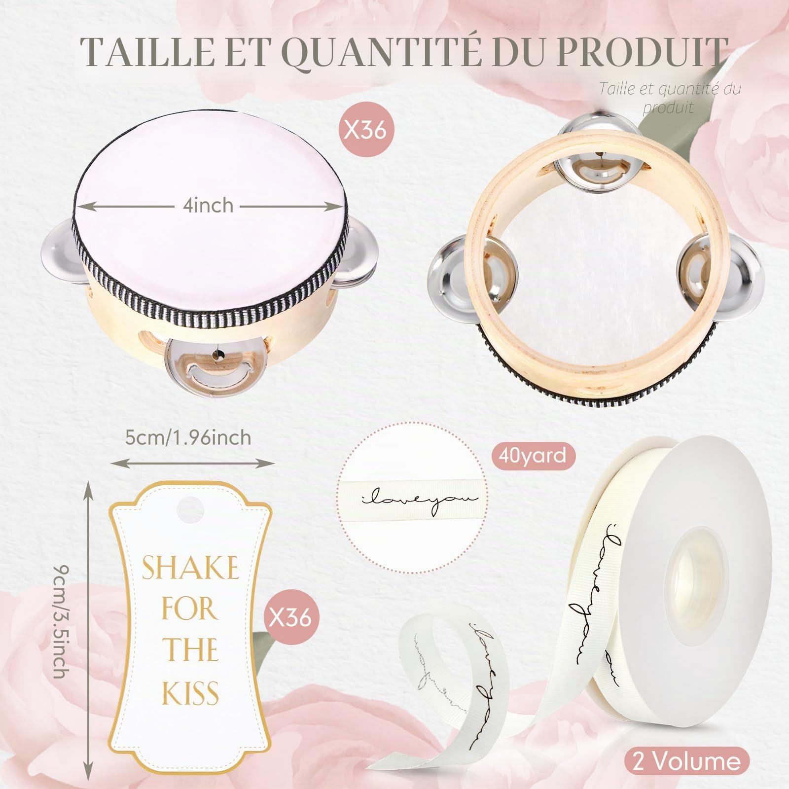 Lot de 36 tambourins de mariage en vrac de 10,2 cm pour adultes - Tambourin à main en bois avec jingles en métal, étiquettes cadeaux, instrument de musique pour église, fête de mariage