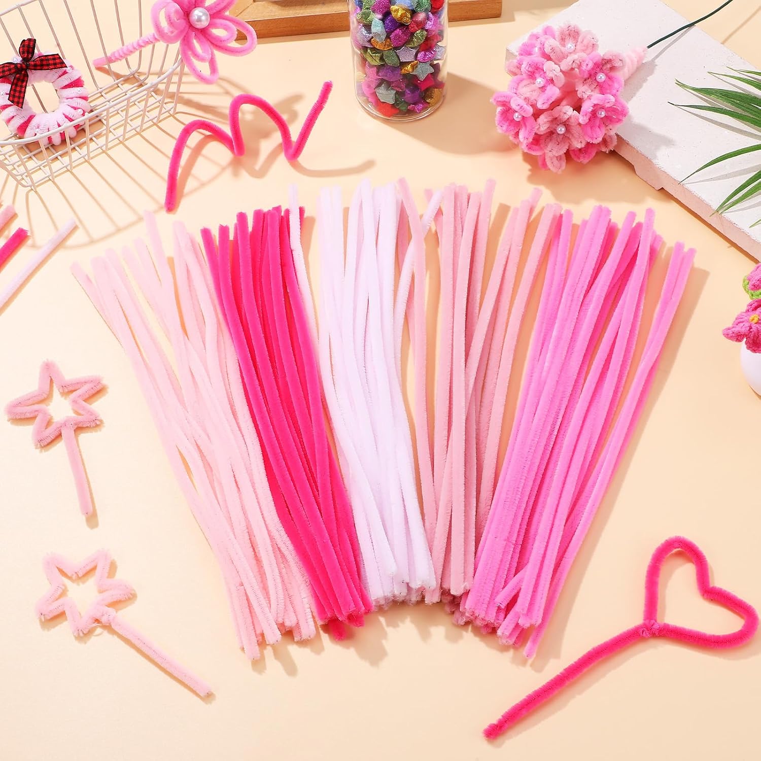 KALLORY 500 Pcs Pink and Purple Chenille Pipe Cleaners Soft Fuzzy Twisting Rods for Kids DIY Crafts Handmade Flowers Decorations Pastel Stems for Party and Holiday