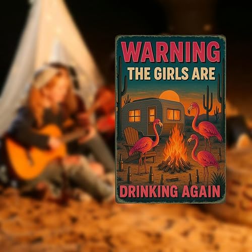 Miniatura 5 de Decoración artística de pared de flamenco, divertido letrero de metal para cámper, caravana, patio, bar, advertencia de que las niñas están bebiendo