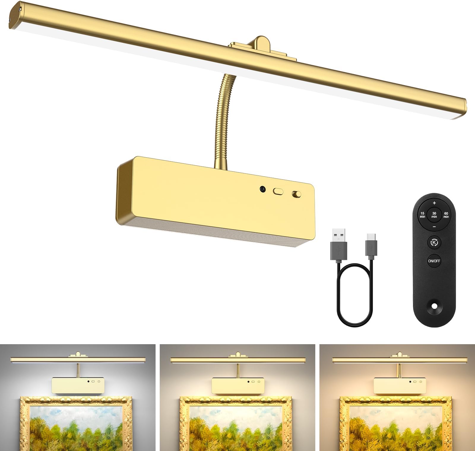 Picture Light with Remote Control 15.4 Inch Wireless Rechargeable Battery Wall Light for Painting 3 Colors Painting Light Dimmable Timer Metal Art Light for Display, Wall, Artwork, Gallery (Gold)