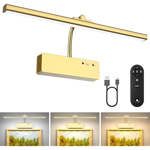 Lightbiz Picture Light, 15.35inch 5400mAh Rechargeable Picture Lights for Wall Battery Operated Wall Lights, 3 Colors Paintings Light Dimmable Art Light for Artwork, Gallery (Gold)