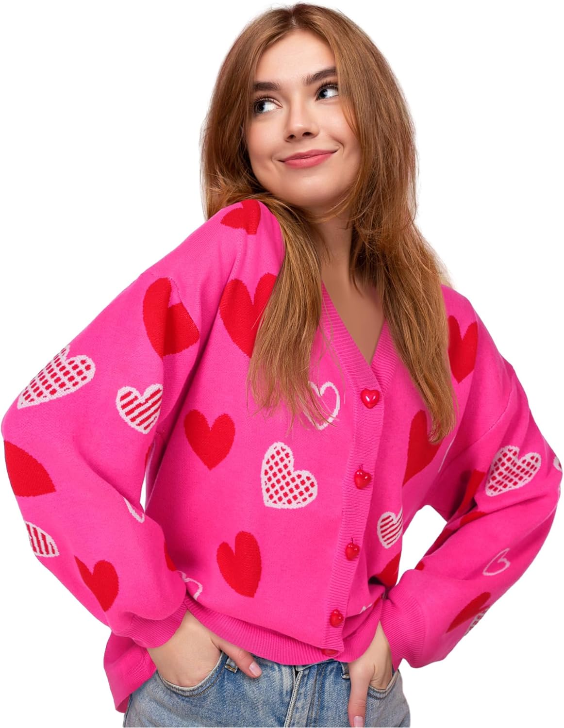 Valentines Day Heart Cardigan Sweater Sequins Embroidery Hot Pink Heart Sweater Valentines Galentines Women Outfit